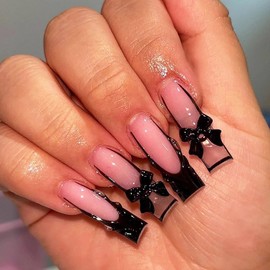 MISUD Press on Nails Long Square Fake Nails Glossy Glue on Nails Black French Tip Acrylic Nails Squoval Artificial Nails Bow Stick on False Nails with 3D Water Ripple Design 24 pcs