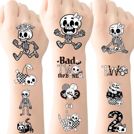 Bad Two The Bone Temporary Tattoos - 8 Pcs Black Temporary Tiny Stickers Favors Skeleton Skull Vampire Fake Scary Tattoo for Kids 2nd Birthday Party Decorations Boys Adults Supplies