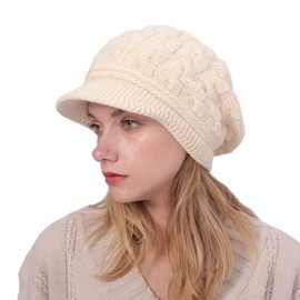 CheChury Women Knit Beanie Hats Visor Winter Fleece Lined Beret Hat Knitted Peaked Beanie Thermal Baker Boy Cap Newsboy Cap Hat Warm Wool Ski Hat for Winter,Beige,One Size