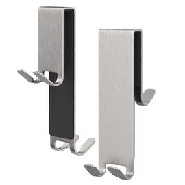 Extended Shower Door Hooks, 2 Pack Double Towel Hooks Shower Squeegee Hooks Razor Holder, Stainless Steel Over Door Hooks for Bathroom Frameless Glass Shower Door, Drilling-Free (Silver)