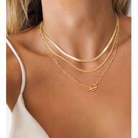 CHESKY Gold Layered Herringbone Necklaces for Women, Trendy 14K Gold Plated Snake Chain Necklace Cuban Link Simple Chunky Toggle Clasp Necklace Set Fashion Jewelry