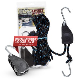 Rope Ratchet 3/8" Block and Tackle Pulley System, Adjustable Hoist for Lifting Gear, Outdoor Utility Rig for Elevating, Tensioning, Securing Equipment, 15' Braided Polypropylene Rope, 250 lb Capacity