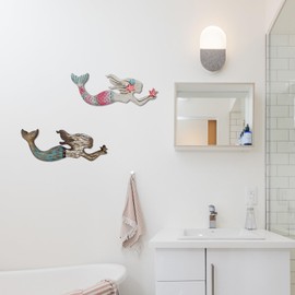 Aecipl Nautical Decor Wood Hanging Mermaid Wall Art Coastal Decorations Distressed Mermaid Sculpture Indoor Outdoor Ocean Beach Themed Decor for Bathroom Patio Swimming Pool (A+B)