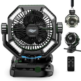 coldSky Camping Fan with Dual Motor, 20000mAh Clip On with Digital Display, 9-Inch Portable Battery Operated with LED Lantern, Tent Fan for Camping with Remote, 5 Speeds, 4 Timing, Outdoor Green