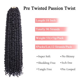 Leeven 8 Packs Pre-twisted Passion Twist Crochet Hair with Curly Ends 18 Inch Pre looped Black Passion Twists Hair 12 Roots/Pack Synthetic Bohemian Crochet Braids Hair for Black Women 1B#