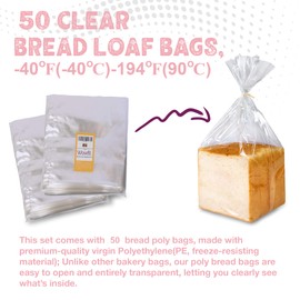 Wowfit Bread Plastic Bags, Pack of 50 Reusable Clear Bakery Storage Bags, Homemade Bread Loaf Packing with 50 Gold Twist Ties - Large-8x4x18 Grocery Bread Bags