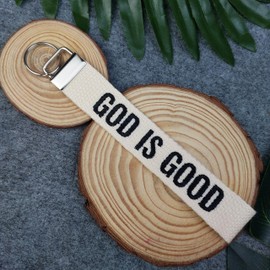 God Is Good Embroidered Keychain Christian Key Fob Religious Gifts Cotton Keychain (Ivory-White)
