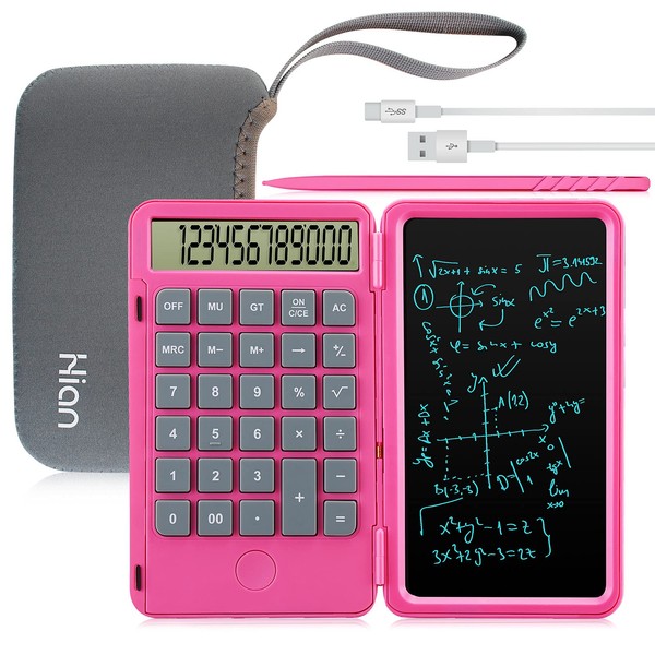 Hion Calculator,12-Digit Large Display Office Desk Calcultors with Erasable Writing Table,Rechargeable Hand held Multi-Function Mute Pocket Desktop Calculator for Basic Financial Home School,Pink