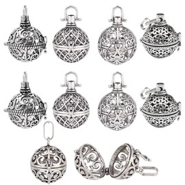 SUNNYCLUE 10Pcs 5 Styles Cage Charms Brass Locket Charms Stone Holder Necklace Silver Hollow Spiral Bead Cages Round Chime Ball Charms for Jewelry Making Charms Women Adults DIY Necklaces Crafts