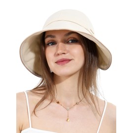 Women Sun Bucket Hat Ponytail Hole with Bow Tie Waterproof Ultra Wide Brim Beach Hat UV Protection UPF 50+(One Size,Beige)