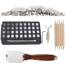 65PCS Leather Stamping Tool Leather Carving Working Saddle Making Tools DIY Leather Craft Stamps Set DIY Hammer Swivel Knife with Leathercraft Metal Letter and Number Stamps Punch