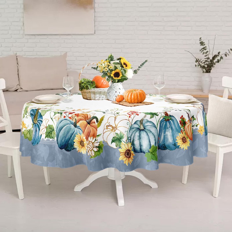 Autumn Oval Tablecloth Thanksgiving Autumn Harvest Blue Pumpkin Sunflower Maple
