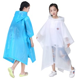 HLKZONE Rain Poncho for Kids, [2 Pack] EVA Kids Raincoat Reusable Rain Coat Jacket for Kids, Boys and Girls 6-13 Years Old (E: White & Blue)
