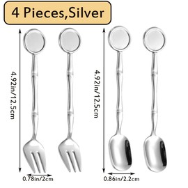 Chenshuo Dessert Tableware Spoon Fork Set,Stainless Steel Dessert Spoon Fork Set,Coffee Mini Mixing Metal Spoons Forks Tableware Kit,4 Pieces,Silver