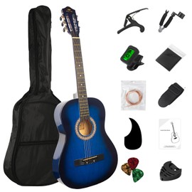 BESYOU 38in Beginner Acoustic Guitar Basic Starter Kit Tuner Bag Capo Strings Winders Strap Picks Student/Kids Guitar Pickguard with Gig Bag Blue