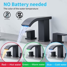 LOOPAN LED Light Bathroom Faucet Black Widespread - Waterfall Bathroom Faucets for Sink 3 Hole, Bathroom Sink Faucet 8 Inch 2 Handles, Modern Bathroom Faucets with Drain and Hose Assembly