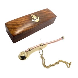 Nautical Brass Boatswain Whistle with Chain and Wooden Storage Box, Copper Trim