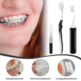 OUMJCING Portable Orthodontic Oral Care Kit - Orthodontic Dental Care Kit for Braces with Travel Case,Includes V/U-Shape Toothbrushes, Floss Threaders & Ortho Wax (Black)