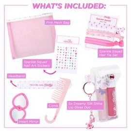 Petite N Pretty All in One Makeup Set for Kids, Tweens and Teens – Pink Mesh Bag with Lip Gloss Keychain, Hair Ties, Nail Decals, Headband, Heart Mirror, Nail File, Comb – Perfect Travel Kit & Gift