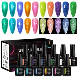 MEET ACROSS 12Pcs Gel Nail Polish Set 10 Colors Metallic Gel Polish + Reflective Glitter Neon Gel Polish, Soak Off Uv Led Nail Polish Kit with Base Top Coat Nail Gift for Her