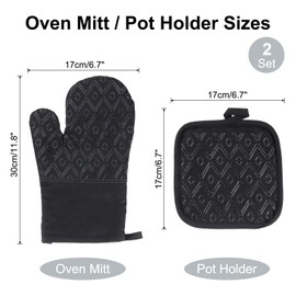 sourcing map 4 Pcs Oven Mitts and Pot Holders, 11.8 Inch Rhombus Oven Gloves and Hot Pads for Cooking Grilling BBQ Picnic, Black