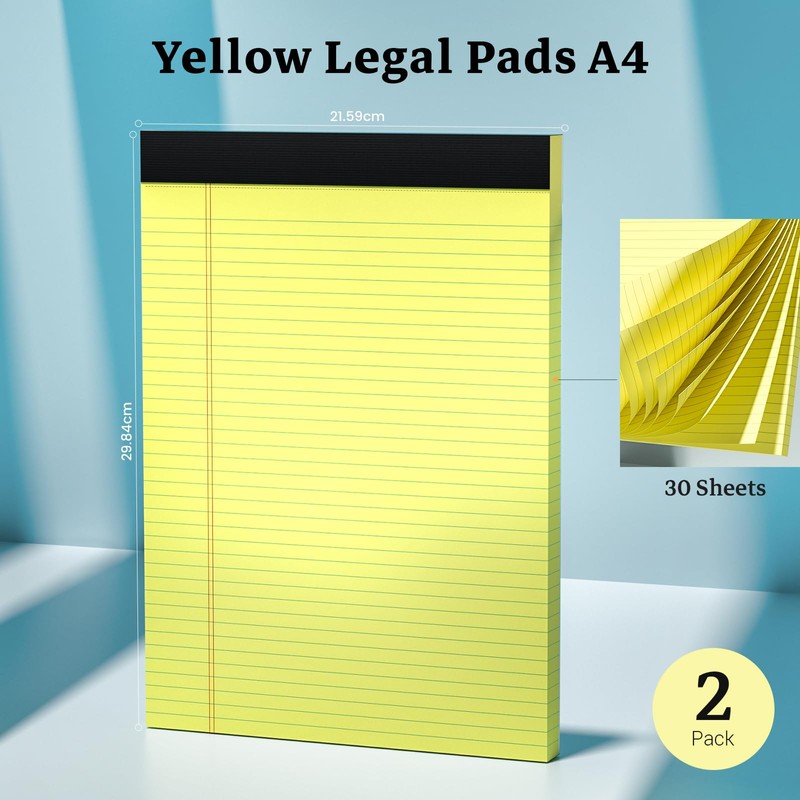 Notepad A4 Legal Pad, 2 Pack Yellow Paper College Ruled