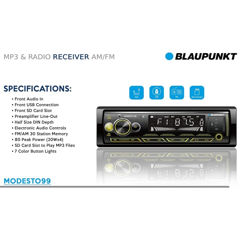 Blaupunkt IVEY MODESTO Single DIN Car Stereo Bluetooth Receiver with