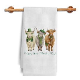 St. Patrick's Day Highland Cow Kitchen Towels, Highland Cow Gifts for Women Dish Tea Towels, Irish Leprechaun Hat Heifer Decorative Hand Towels for Kitchen Bathroom, 16x24 Inch