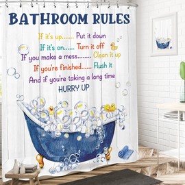LIGHTINHOME Bathroom Rules Kids Shower Curtain 60Wx72H Inches Girls Boys Funny Teen Motivational Quotes Wooden Board Duck Bubble in Bathtub Fabric Bathroom Home Decor Set with 12 Pack Plastic Hooks