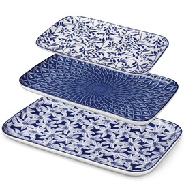 vancasso Serving Platters Set of 3, 16"/14"/12" Inch Rectangular Trays - Serving Platter Extra Large, Ceramic Serving Dish Microwave & Dishwasher Safe (Vintage Blue A)