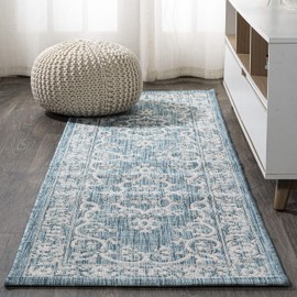 JONATHAN Y SMB120B-210 Galon Filigree Indoor Outdoor Area Rug, Bohemian, Coastal, Transitional Easy Cleaning,Bedroom,Kitchen,Backyard,Patio,Non Shedding, Teal/Ivory, 2 X 10