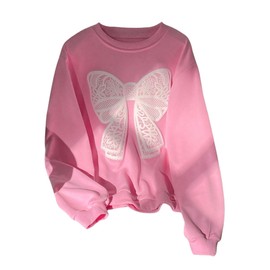 RoseSeek Girl's Round Neck Bow Graphic Print Sweatshirts Long Sleeve Drop Shoulder Pullovers Hot Pink 9Y