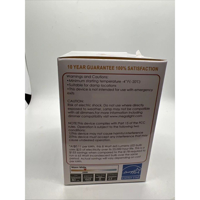 Megalight 8w LED Light Bulb 65w Replace Warm White Cct