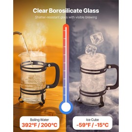 VEVOR French Press Coffee Maker, 34 Ounce 1 Liter Borosilicate Glass Coffee Press Tea Maker with Stainless Steel Filter, Large Glass French Presses Cold Brew for Camping Travel Home Kitchen, Black