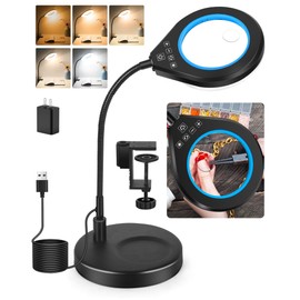 ​Flexible Gooseneck 2-in-1 Magnifying Glass with Light and Stand,10x & 5x Real Glass Lens Magnifying Lamp, 5 Color Stepless Hands-Free LED Desk Lamp with Clamp for Painting, Crafts, Reading (Blue)