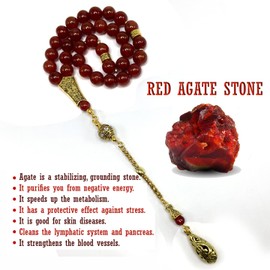 ALBATROSART -Luxury Collection- Prayer Beads-Worry Beads-Tesbih-Tasbih-Tasbeeh-Misbaha-Masbaha-Subha-Sebha-Sibha-Rosary (Red Agate-Gold Drop (10 mm 33 big beads))