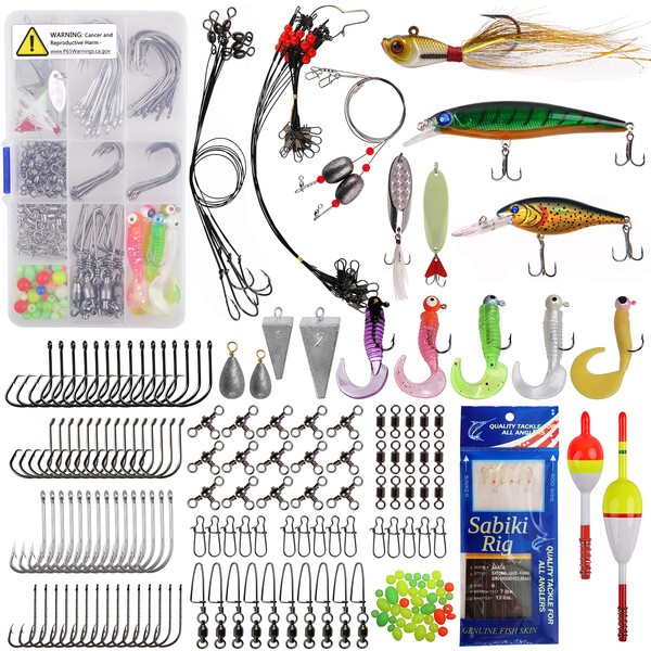 OROOTL Saltwater Fishing Tackle Kit -212pcs Ocean Fishing Tackle Box Include Fishing Rigs Hooks Minnow Lures Jig Spoons Swivels Snaps Weights Wire Leaders Floats Beads Surf Fishing Gear Accessories