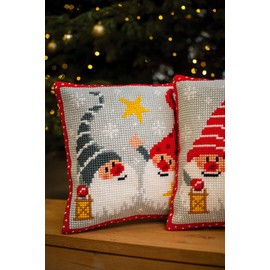 Vervaco Cross Stitch Christmas Embroidery Kits Pillow Front for Self-Embroidery with Embroidery Pattern on 100% Cotton, 15,75 x 15,75 Inches - 40 x 40 cm, Christmas Gnome Star