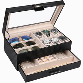 LANDICI Watch Box for Men Women 2 Layer PU Leather Watch Organizer Storage Case,Large Jewelry Box Watch Holder Organizer Display for Watch Sunglasses Bracelet Necklace Ring,Black & Apricot