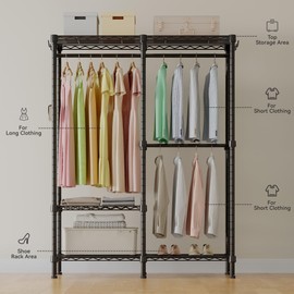 Higeego H18 Garment Rack for Hanging Clothes, 3 Tiers Portable Closet with 2 Hanger Rods, Freestanding Clothes Rack, 44.9" W x 14.6" D x 76.4" H, Max Load 600lbs, Black