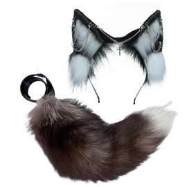 VIGVAN Wolf Ear Headband and Tail Set Fluffy Plush Wolf Cosplay Costumes (Black White)