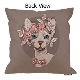 HGOD DESIGNS Cat Pillow Cover,Funny Sphynx Cat in A Rose Flower Wreath and in A Polka Dot Bow Tie Cotton Linen Cushion Covers Home Decorative Throw Pillowcases 18x18inch