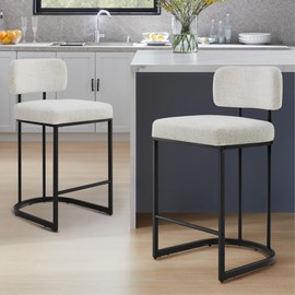 KISLOT 26" H Counter Height Bar Stools Set of 2, Modern Linen Fabric Upholstered Barstools with Backrest for Kitchen Island, Black Metal Frames, Wheat
