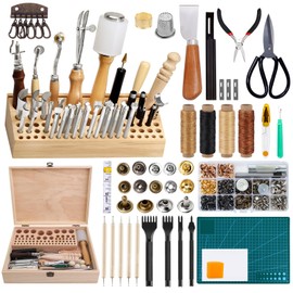 Jupean 458 Pieces Leather Tools, Leather Working Tools, Leathercraft Tools and Supplies with Instruction, Tool Holder, Stamps Set, Prong Punch, Hole Hollow Punch for DIY Craft