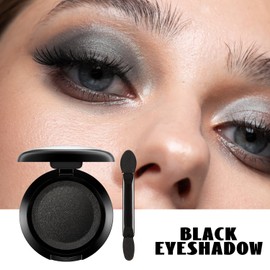Black Single Color Glitter Eyeshadow with Brush, Shimmering Pressed Powder, Highly Pigmented Sparkly Eyeshadow for Girls Women, Waterproof and Long-Lasting for Party, Stage Looks