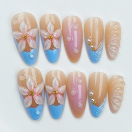 Summer Flower Press on Nails Almond Medium Fake Nails with Flowers French Tip Stick on Nail Full Cover Almond Nails Design 3D Rhinestones Pattern Glitter Acrylic For Women Nail Art DIY 24 Pcs