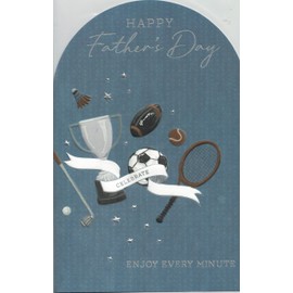 Sports Theme Father's Day Card, Trophy and Sports Equipment Design, Blue