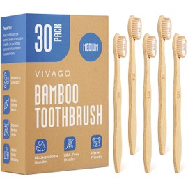 VIVAGO Bamboo Toothbrushes Medium Bristles 30 Pack - BPA Free Medium Bristles Toothbrushes for Adults - Eco-Friendly, Natural Wooden Toothbrush