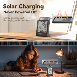 Humidity Meter Hygrometer, Solar-Powered Room Thermometer Indoor Digital Temperature Sensor Monitor, 3.2''Humidity Gauge for Baby Rooms, Home, Office, 1Pack, Black