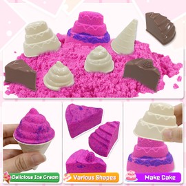Crelloci Girls Play Sand Set Ice Cream & Sweet Cakes, Includes Magnetic Sand Molds and Tools, Dessert Shop Pretend Play Sandbox Kit, Play Sand Art Kits Sensory Toys Gift for Kids Age 3-5 | 1.1lbs
